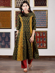 Green Yellow Maroon Black Ajrakh Hand Block Printed Kurta in Natural Colors - K108F1598