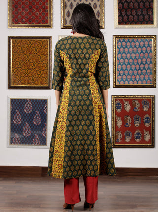 Green Yellow Maroon Black Ajrakh Hand Block Printed Kurta in Natural Colors - K108F1598
