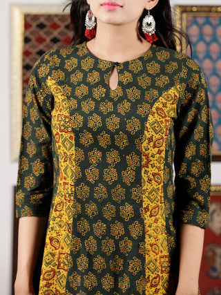 Green Yellow Maroon Black Ajrakh Hand Block Printed Kurta in Natural Colors - K108F1598