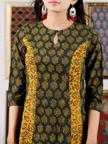 Green Yellow Maroon Black Ajrakh Hand Block Printed Kurta in Natural Colors - K108F1598