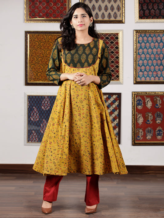Mustard Green Red Black Ajrakh Hand Block Printed Kurta in Natural Colors - K109F1650
