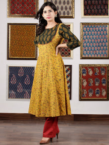 Mustard Green Red Black Ajrakh Hand Block Printed Kurta in Natural Colors - K109F1650