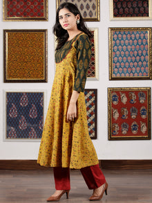Mustard Green Red Black Ajrakh Hand Block Printed Kurta in Natural Colors - K109F1650