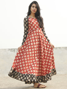 Red Black Ivory Sea Green Long Hand Block Cotton Dress With Frill  - D06F1070