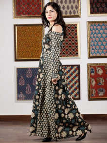 Black Indigo Beige Hand Block Printed Cotton Long Dress With Cold Shoulders  - D307F1365