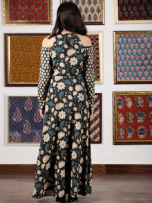 Black Indigo Beige Hand Block Printed Cotton Long Dress With Cold Shoulders  - D307F1365