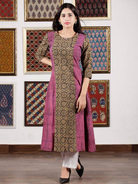 Purple Beige Black Ajrakh Hand Block Printed Kurta in Natural Colors - K112F1523