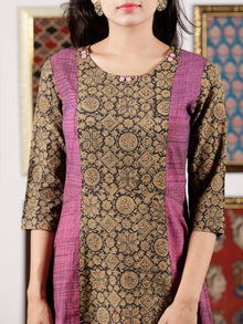 Purple Beige Black Ajrakh Hand Block Printed Kurta in Natural Colors - K112F1523