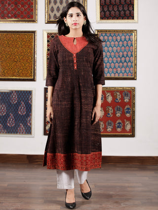 Brown Maroon Beige Black Ajrakh Hand Block Printed Kurta in Natural Colors - K113F1507