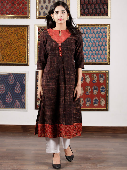 Brown Maroon Beige Black Ajrakh Hand Block Printed Kurta in Natural Colors - K113F1507