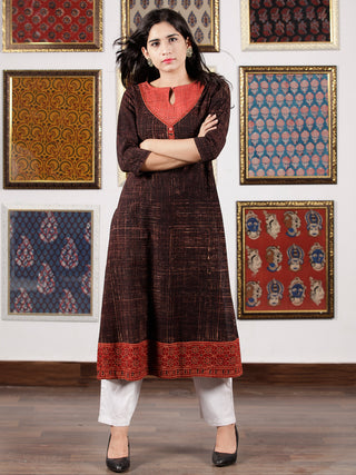 Brown Maroon Beige Black Ajrakh Hand Block Printed Kurta in Natural Colors - K113F1507