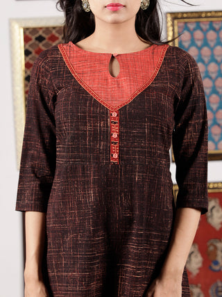 Brown Maroon Beige Black Ajrakh Hand Block Printed Kurta in Natural Colors - K113F1507