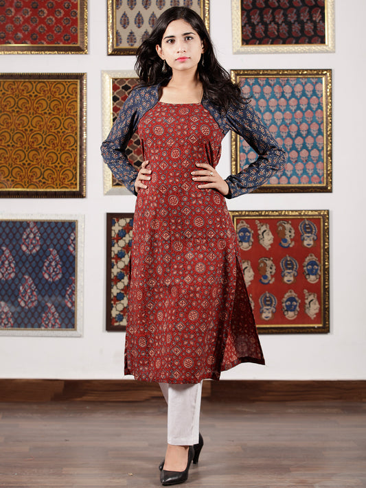 Indigo Maroon Beige Black Ajrakh Hand Block Printed Kurta in Natural Colors - K114F1525