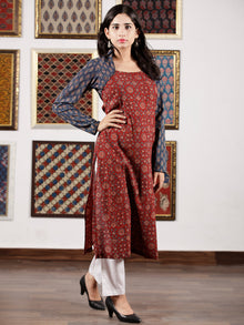 Indigo Maroon Beige Black Ajrakh Hand Block Printed Kurta in Natural Colors - K114F1525