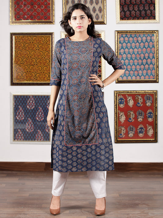 Indigo Maroon Ivory Ajrakh Hand Block Printed Kurta in Natural Colors - K119F1595