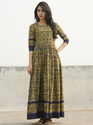 Mustard Yellow Indigo Green Ivory Long Hand Block Cotton Dress With Back Details  - D137F994