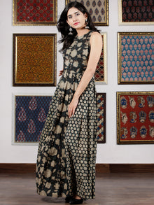 Indigo Black Beige Hand Block Printed Cotton Long Dress  - D256F1360