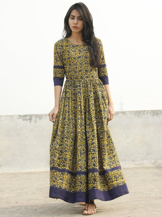 Mustard Yellow Indigo Green Ivory Long Hand Block Cotton Dress With Back Details  - D137F994