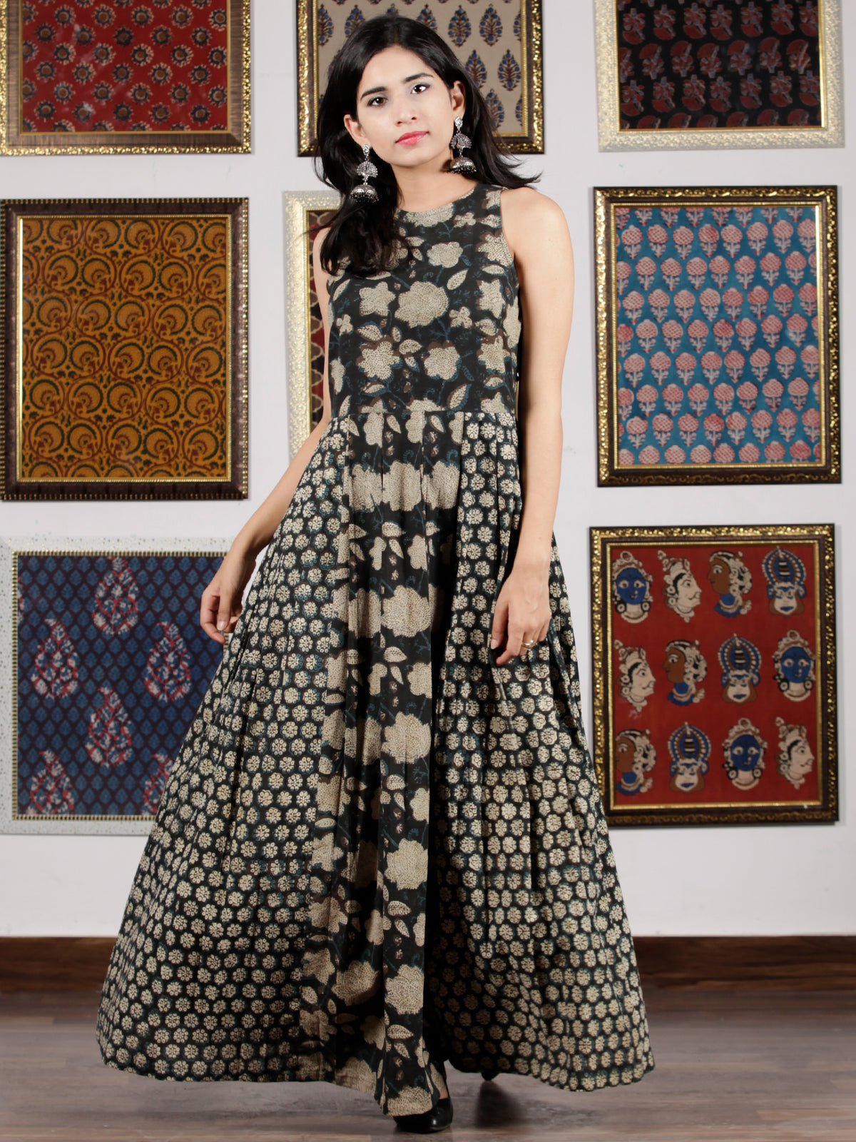 Indigo Black Beige Hand Block Printed Cotton Long Dress  - D256F1360