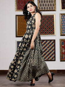 Indigo Black Beige Hand Block Printed Cotton Long Dress  - D256F1360