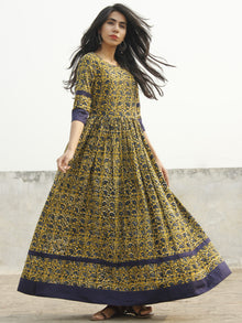 Mustard Yellow Indigo Green Ivory Long Hand Block Cotton Dress With Back Details  - D137F994
