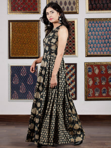 Indigo Black Beige Hand Block Printed Cotton Long Dress  - D256F1360
