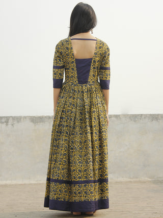 Mustard Yellow Indigo Green Ivory Long Hand Block Cotton Dress With Back Details  - D137F994