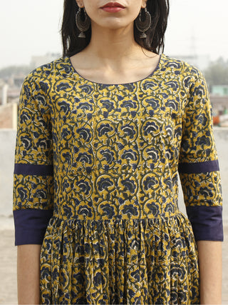 Mustard Yellow Indigo Green Ivory Long Hand Block Cotton Dress With Back Details  - D137F994