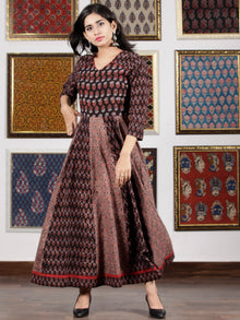 Black Maroon Brown Blue Ajrakh Hand Block Printed Cotton Long Dress - D306F1654