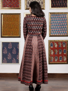 Black Maroon Brown Blue Ajrakh Hand Block Printed Cotton Long Dress - D306F1654