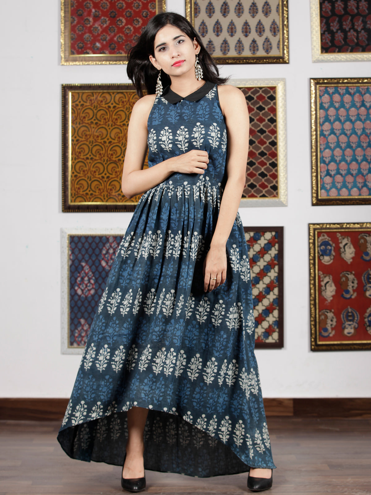 Indigo Blue White Hand Block Printed Cotton Asymmetric Dress With Shirt Collar - D263F772
