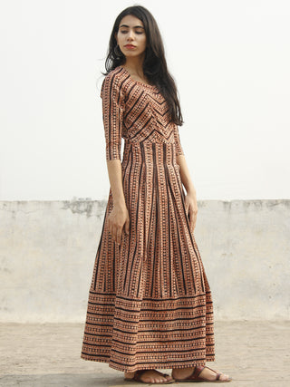 Beige Black Red Orange Long Hand Block Cotton Stripe Dress With Box Pleats  - D140F1077