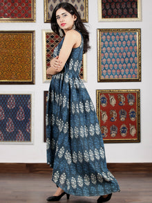 Indigo Blue White Hand Block Printed Cotton Asymmetric Dress With Shirt Collar - D263F772