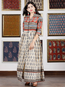 Naaz Beige Red Black Blue Hand Block Printed Long Dress With Front Detailing -  DS49F001