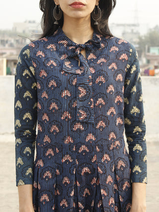 Indigo Ivory Red Black Long Hand Block Cotton Tier Dress With Pussy Cat Bow  - D141F999