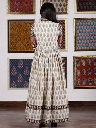Naaz Beige Red Black Blue Hand Block Printed Long Dress With Front Detailing -  DS49F001