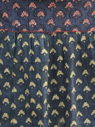 Indigo Ivory Red Black Long Hand Block Cotton Tier Dress With Pussy Cat Bow  - D141F999