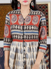 Naaz Beige Red Black Blue Hand Block Printed Long Dress With Front Detailing -  DS49F001