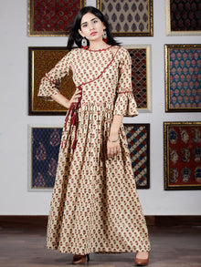 Beige Maroon Mustard Hand Block Printed Long Cotton Dress With Angrakha Neck And Ruffle Sleeves  - D240F1393