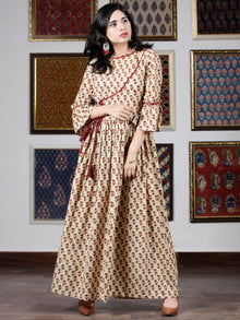 Beige Maroon Mustard Hand Block Printed Long Cotton Dress With Angrakha Neck And Ruffle Sleeves  - D240F1393