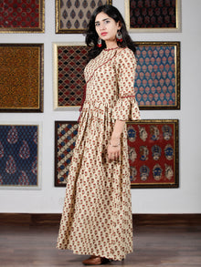 Beige Maroon Mustard Hand Block Printed Long Cotton Dress With Angrakha Neck And Ruffle Sleeves  - D240F1393