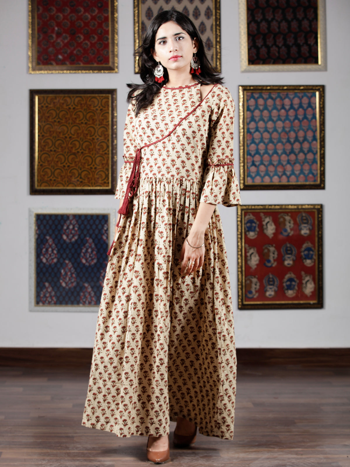 Beige Maroon Mustard Hand Block Printed Long Cotton Dress With Angrakha Neck And Ruffle Sleeves  - D240F1393