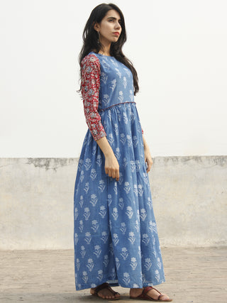 Indigo White Maroon Long Hand Block Printed Cotton Dress With Gathers  - D143F905