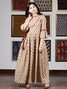 Beige Maroon Mustard Hand Block Printed Long Cotton Dress With Angrakha Neck And Ruffle Sleeves  - D240F1393