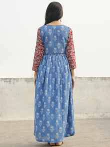Indigo White Maroon Long Hand Block Printed Cotton Dress With Gathers  - D143F905