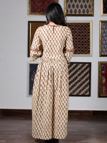 Beige Maroon Mustard Hand Block Printed Long Cotton Dress With Angrakha Neck And Ruffle Sleeves  - D240F1393