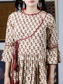 Beige Maroon Mustard Hand Block Printed Long Cotton Dress With Angrakha Neck And Ruffle Sleeves  - D240F1393