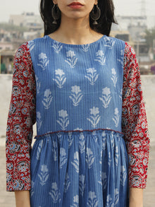 Indigo White Maroon Long Hand Block Printed Cotton Dress With Gathers  - D143F905