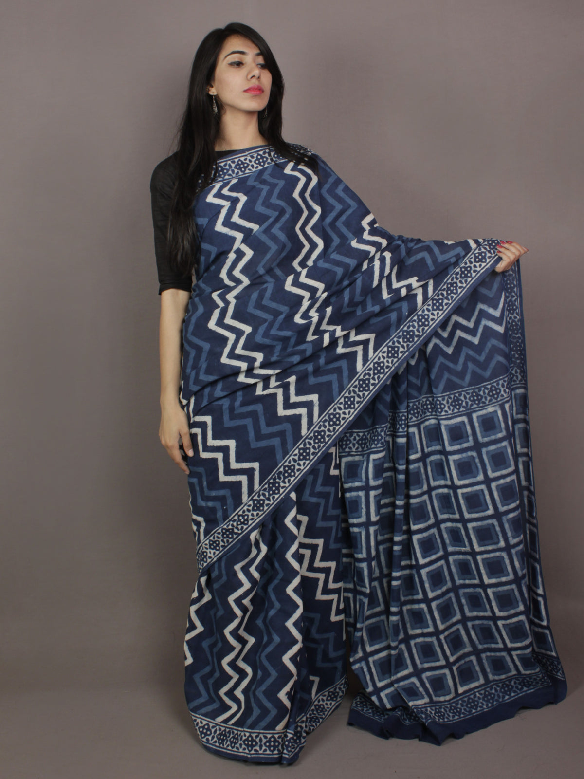 Indigo Ivory Hand Block Printed in Natural Colors Cotton Mul Saree - S031701146