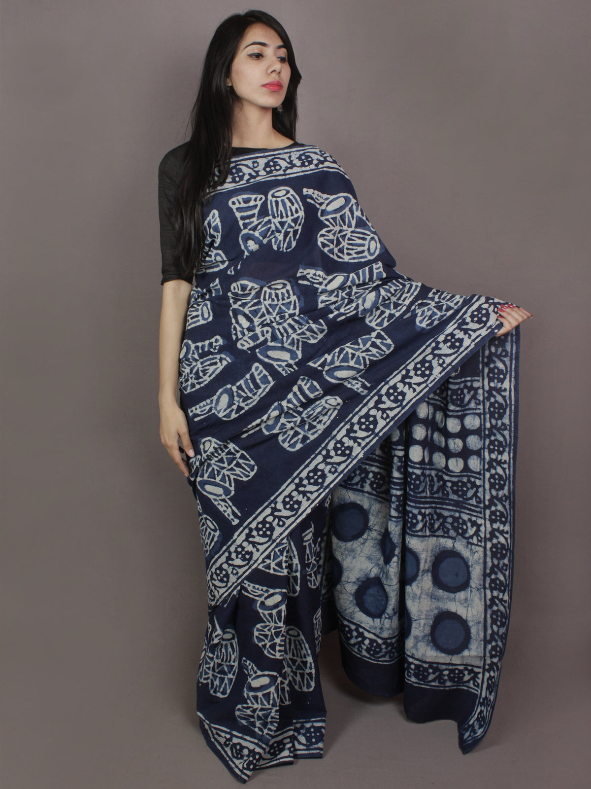 Indigo Cotton Hand Block Printed Saree in Natural Colors - S03170247